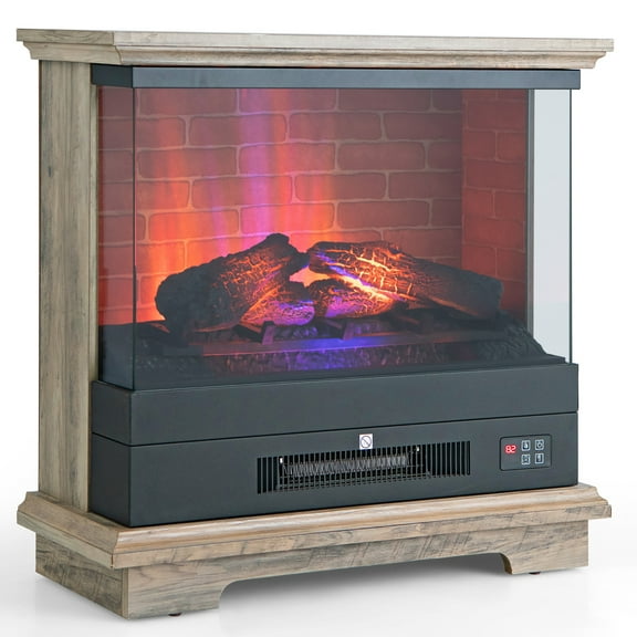 Costway 27'' Freestanding Electric Fireplace Heater w/ 3-Level Flame Thermostat Natural