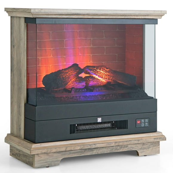 Costway 27" Freestanding Electric Fireplace Heater w/ 3-Level Flame Thermostat Natural