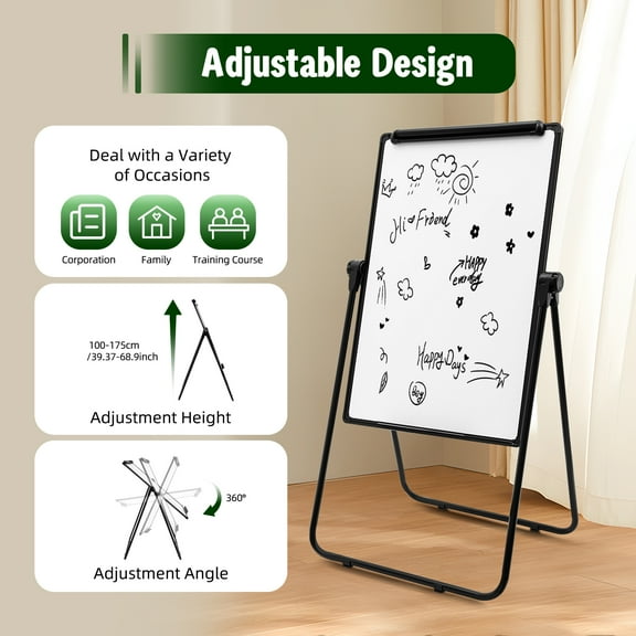 Modern Flip Magnetic Whiteboard Double-sided Whiteboard 24x35 inch w/ Marker Tray for Cafes, Classrooms