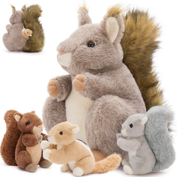 MaoGoLan 4Pcs Squirrels Stuffed Animal, Realistic Squirrel Plush Toys with 3 Baby Squirrels for Small Hand, Adorable Stuffed Squirrels Gift for Forest Animal Lover,Girls