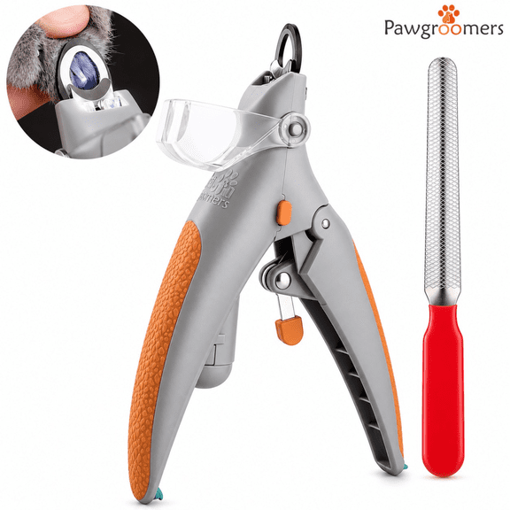 Dog Nail Clipper with LED Light for Dogs & Cats, Pet Nail Trimmer with Safety Light, Magnifying Glass, Nail Catcher, Stainless Steel Blade, Ergonomic Handle & Free Nail File