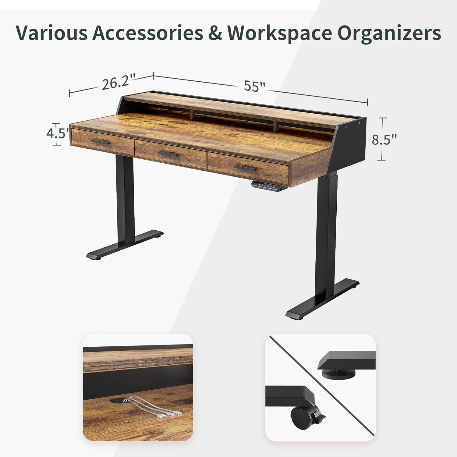 DESINO Electric Standing Desk with Drawers, 55"x26" Standing Desk Adjustable Height, Lifting Range 28~46" Stand Up Desk ,Sit Stand Home Office Desk with Monitor Shelf, Rustic Brown