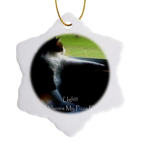 3drose, Calico Kitty Pizza Delivery, 3 inch Snowflake Porcelain Ornament