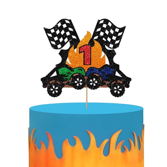 Monster Truck 1st Birthday Cake Topper Big Truck Fast One Cake Topper for Boys Racing Car One Year Old Birthday Cake Decor Racing Theme Baby Shower Party Decoration - Black Glitter