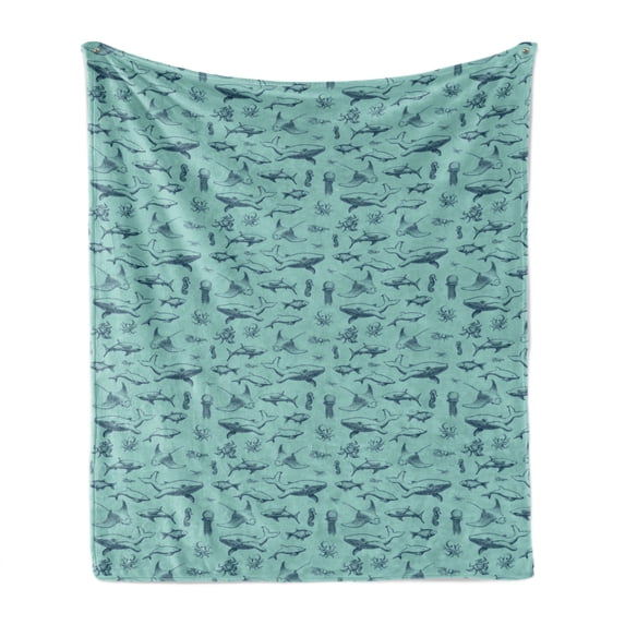 Nautical Soft Flannel Fleece Throw Blanket, Vintage Marine Style Pattern with Whale Shark Jellyfish Seahorse, Cozy Plush for Indoor and Outdoor Use, 50" x 60", Dark Sky Blue Seafoam, by Ambesonne