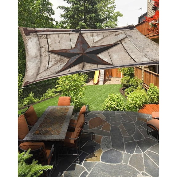Country Star Sun Shade Sail 8'X10' Retro Rust Grey Blue Star Beige Farmhouse Door UV Block Outdoor Sail Shades Breathable Waterproof Rectangular Sunshade for Patio Garden Pool Pergola Porch