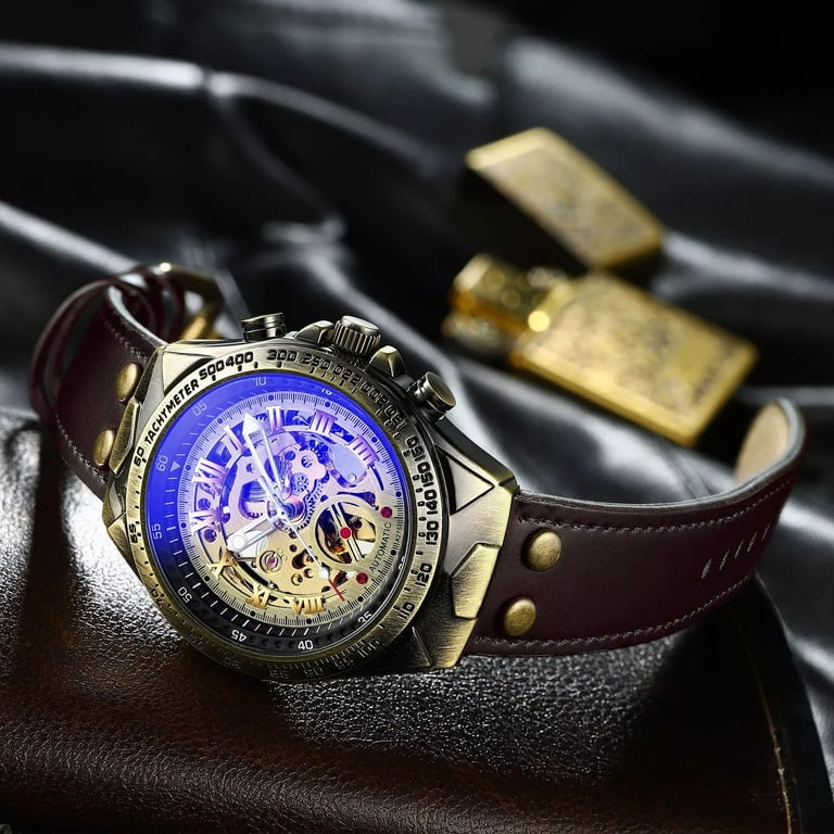 Leather Male Mechanical Watch Men Automatic Steampunk Watch Mens Skeleton Watches Bronze Transparent Vintage Sport Wristwatch, Men's, Size: One size