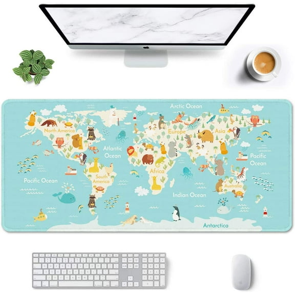 Large Mouse Pad, Full Desk XXL Extended Gaming Mouse Pad 35" X 15", Waterproof Desk Mat w/ Stitched Edge, Non-Slip Laptop Computer Keyboard Mousepad for Office & Home, Cute Animal Map Design