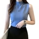 thumbnail image 1 of Camiseta corta sin mangas de punto ajustada con cuello alto y media tortuga de color liso para mujer, 1 of 6