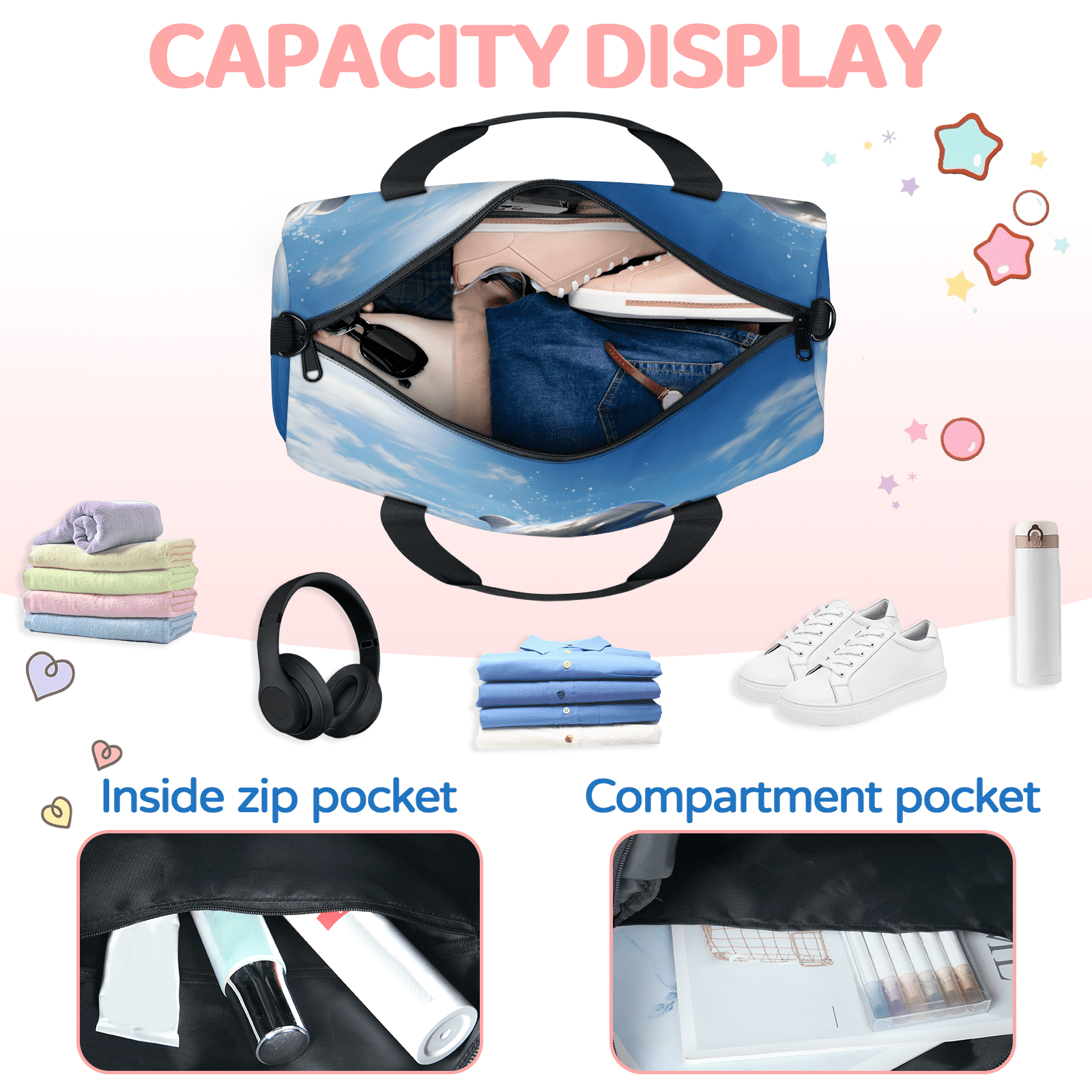 Herdesigns Ocean Dolphin Gym Bag for Women, Duffle Bag for Travel Sport, Lightweight Waterproof Carry on Weekender Overnight Dance Yoga Workout Bags