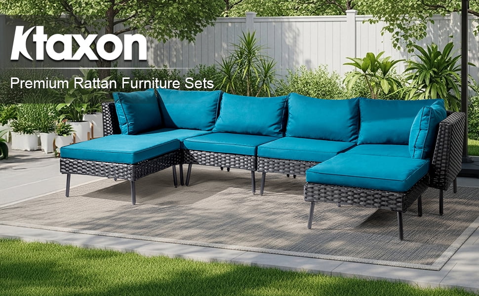 Ktaxon 6 Pieces  Modular Patio Sectional Set, All-Weather Wicker with Removable Cushions & Ottomans, Black Rattan Peacock Green