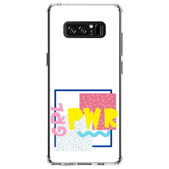 DistinctInk Clear Shockproof Hybrid Case for Samsung Galaxy Note 8 - TPU Bumper, Acrylic Back, Tempered Glass Screen Protector - Girl Power - GRL PWR - Retro 80's Look
