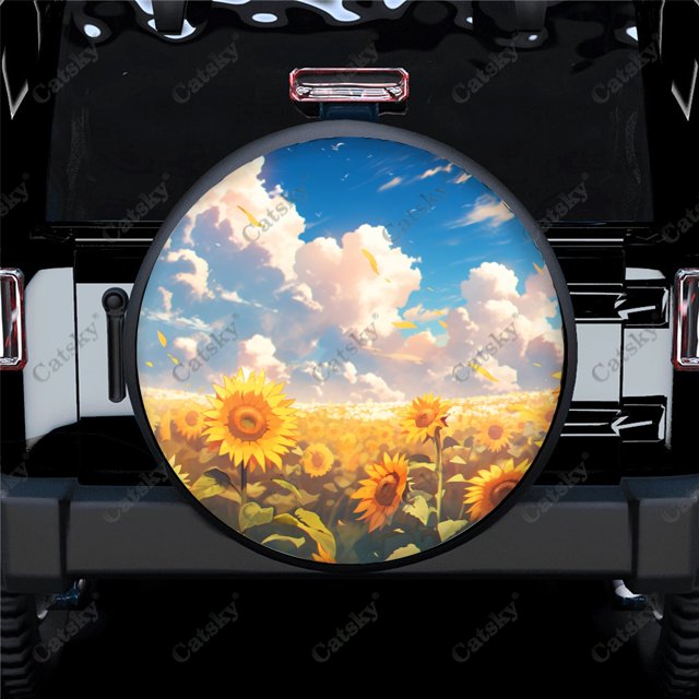 Painting Sunflowers In Field Pattern Polyester Universal Spare Wheel Tire Cover Wheel Covers for Trailer RV SUV Truck Camper