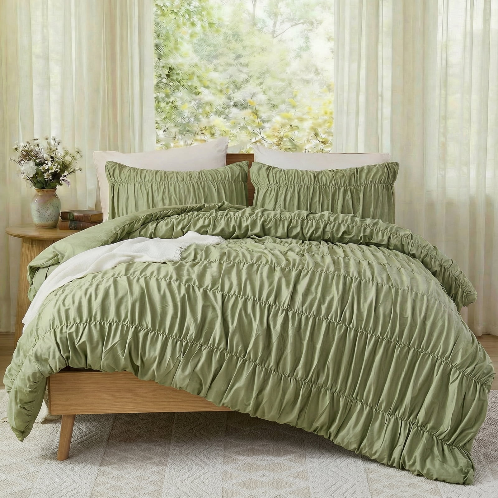 100% Cotton Green Wrinkle Duvet Cover Set Queen,Ruched Bedding Comforter Cover,Shabby Chic Ruffled 3 Pcs Queen Duvet Cover Set,Bohemian Boho Bedding Set with 1 Duvet  Cover 2 Pillowcases