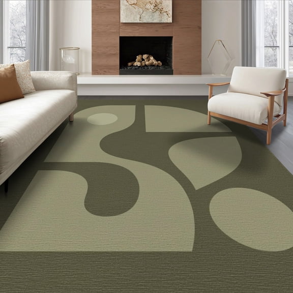ODIKA 8'x10' Washable Area Rug Olive Green Geometric Art Design Modern Abstract Shapes with Bold Curves for Living Room, Under Sectional, Family , Durable, Non-Slip