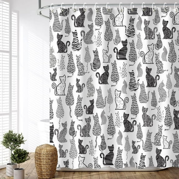 Cat Shower Curtain for Bathroom Cute Shower Curtain with 12 Hooks Kitten Animal Decorative Black and White Fabric Bath Curtain Gift for Cat Lovers Kids and Girls Machine Washable (72"W X 72"H)