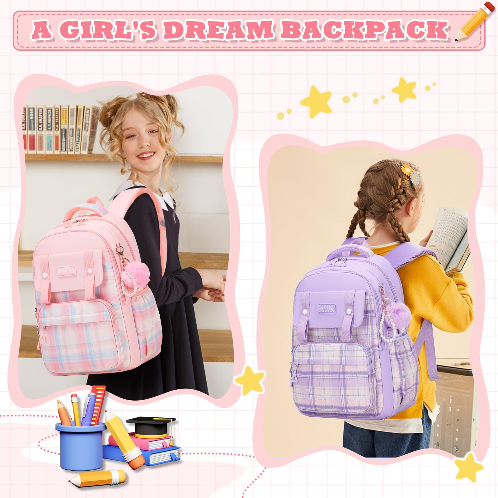 Soda Candy Girls Backpack Ideal Elementary Middle School Backpacks for Kids Cute Kawaii Large Capacity Bookbag with Reflective Strip, Beige