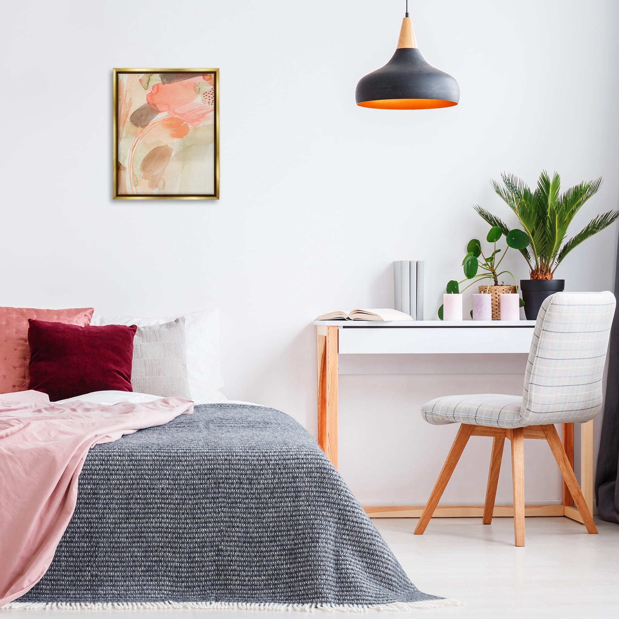 Stupell Industries Pink & Beige Abstraction Abstract Painting Gold Floater Framed Canvas Art Print Wall Art, 17 x 21