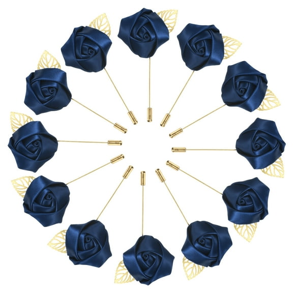 Uxcell 12-Pack Flower Lapel Pins for Men, Golden Leaf Rose Boutonnieres Pin for Wedding/Dance/Party, Flower Corsage Hat Pins [Navy Blue]
