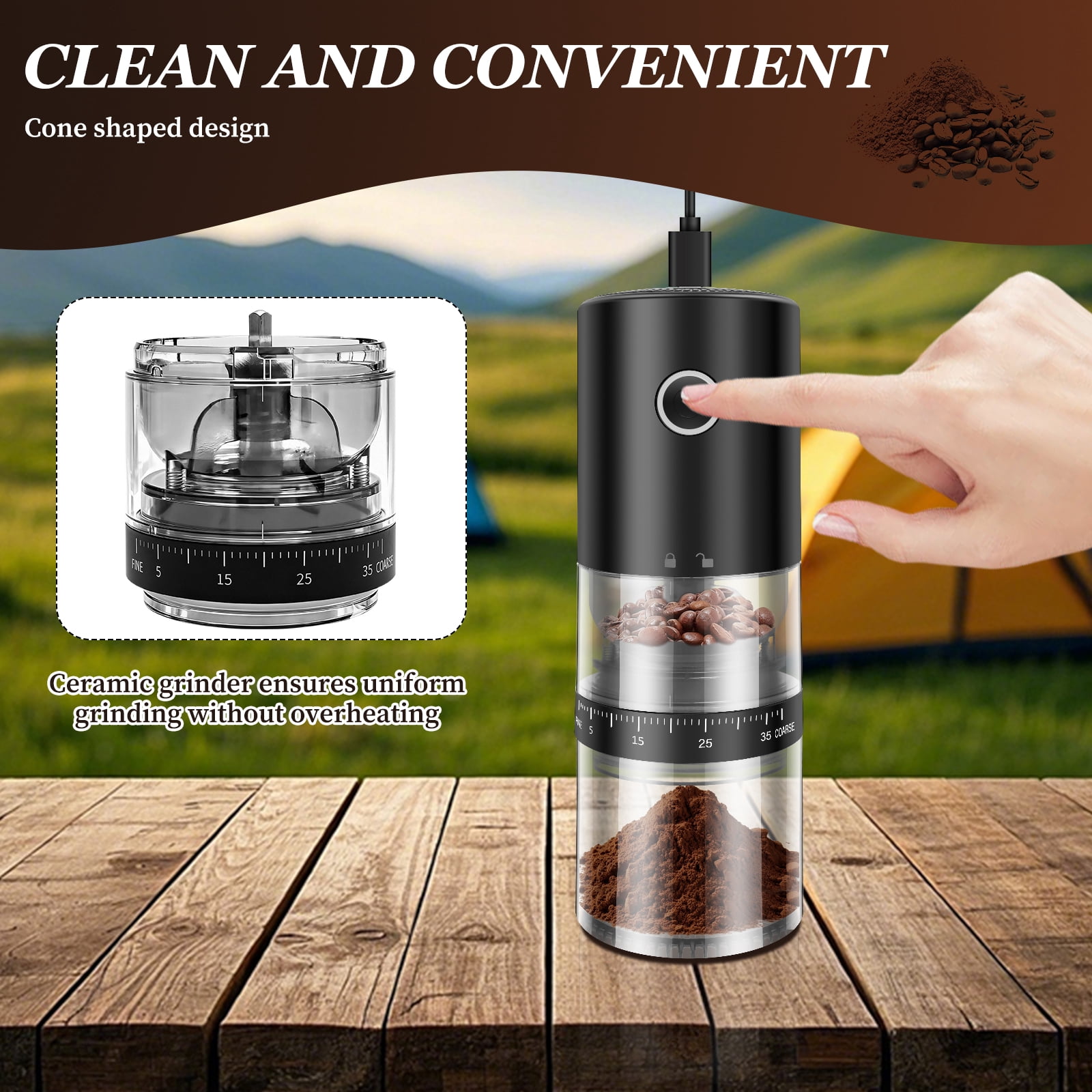 Portable Rechargeable Coffee Grinder, Electric Grinder with 38 Adjustable Settings, Ceramic Burr for Travel Camping Home Use