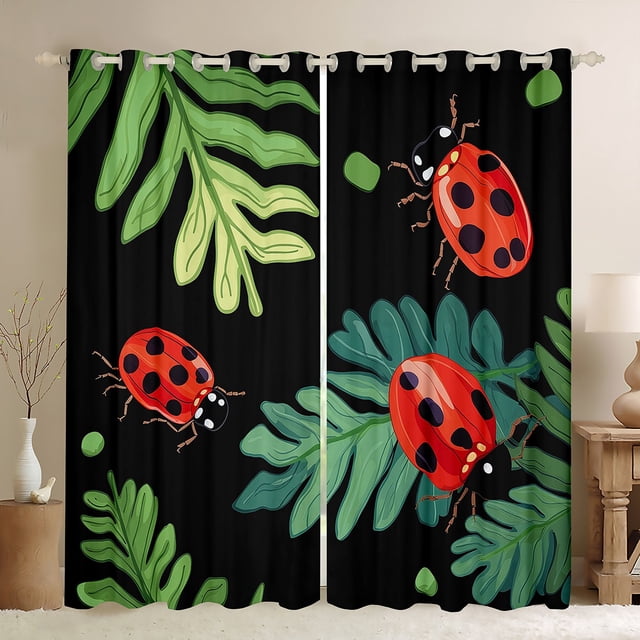 38''Wx54''L Curtains, Cartoon Ladybug Curtains & Drapes Summer Spring Red Animal Ladybugs Soft Blackout Curtains For Kids And Adults