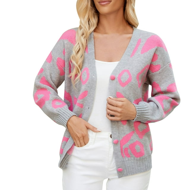 WRKEKC Women's V-Neck Cardigan Patterned Knit Single Button Front Long Sleeve Open Front Cozy Sweater for Fall Winter Lounge Wear Gray L