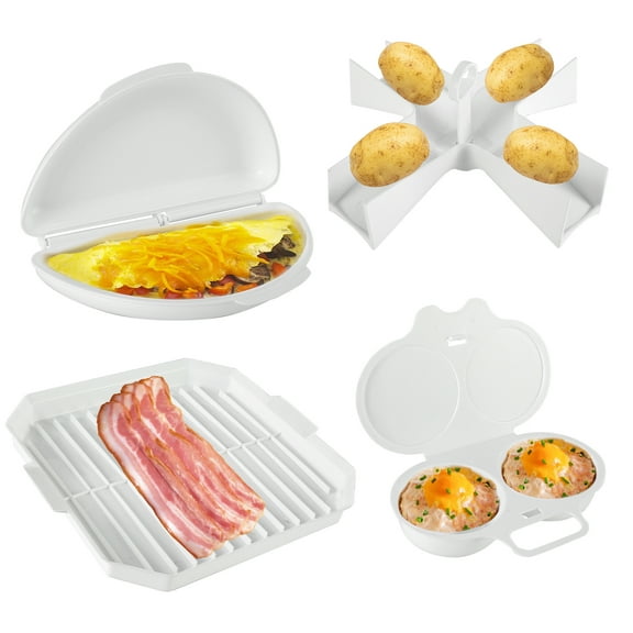 Austok 4Pcs Microwave Cooking Set,Microwave Oven Cookware Set with Bacon Baking Plate,Egg Steamer,Fried Egg Box,Potato Rack for Home Kitchen,Heat Resistant Dishwasher Safe,BPA Free