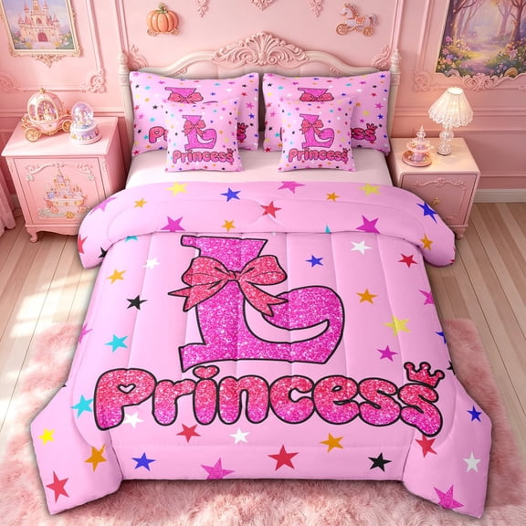 meiyoeat Dreamy Princess L Letter Twin Bedding for Girls, Kawaii Cartoon Stars Bow Bedding Comforter Set, Pink Reversible, 7-Piece