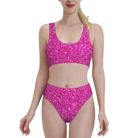 Bixox Rose Red Glitter Pattern Two-Piece Sports Bikini with U-Shaped Top and High-Waist Bottom - Women s Swimwear with Removable Bra Pads