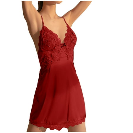 Kaemgyyd Women s Satin Pajama Dress Cute Lace Deep V Neck Mesh Nightgown Stylish Sleeveless Cross Back Babydoll Nightdress Sleepwear