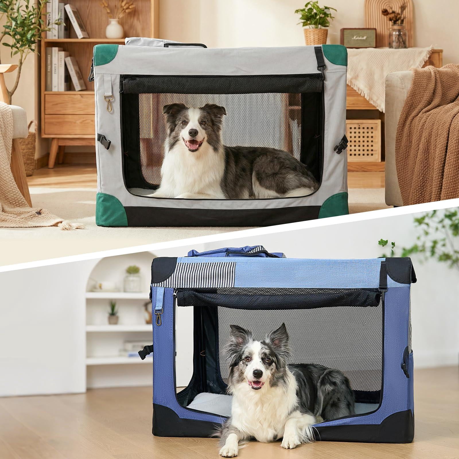 Soft Collapsible Dog Crate - 26 Inch Portable Travel For Puppy/small Dogs Indoor & Outdoor  3-door With Durable Mesh Windows Storage Bag Blue