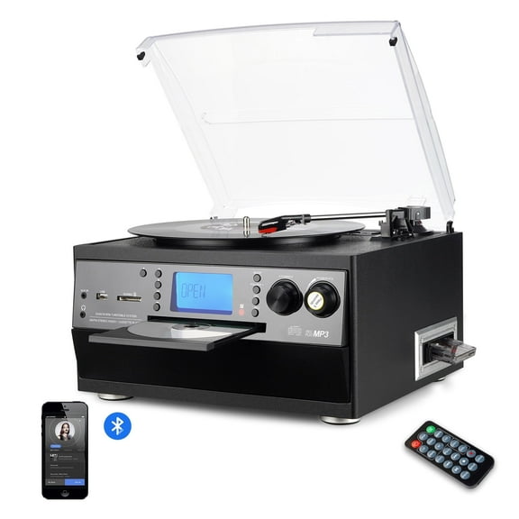Caymuller 9-in-1 Retro Turntable with Built-in Speakers, Reocrd Player with Bluetooth, AM/FM Radio, CD, Cassette
