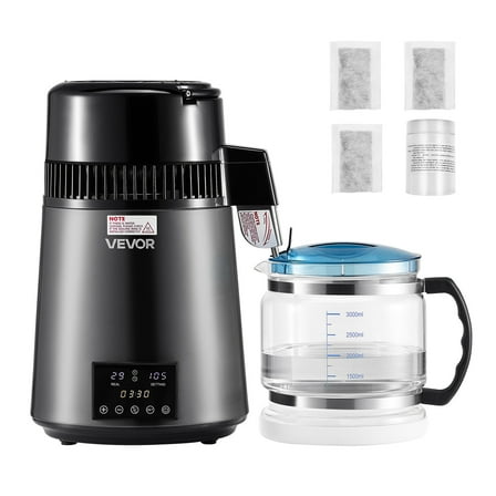 VEVOR Water Distiller, 4L 1.1 Gallon Pure Water Purifier Filter For Home Table Countertop, 750W Distilled Maker with Glass Pot, Stainless Steel Interior Drinking Machine to Make Clean Waters, Grey