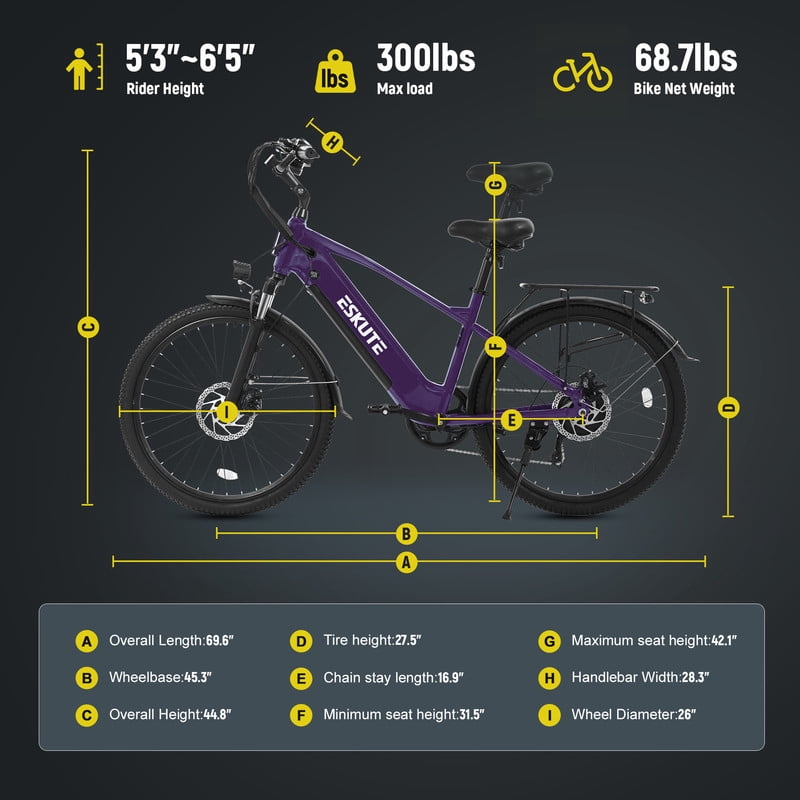 ESKUTE C200 70-Mile Electric Bike for Adults with 840Wh Removable Battery, 1300W Peak Power Ebike, Up to 28MPH Speed, 26" Tires, 7-Speed Adjustable Stem Step-Over E-Bicycle,Purple, UL2849