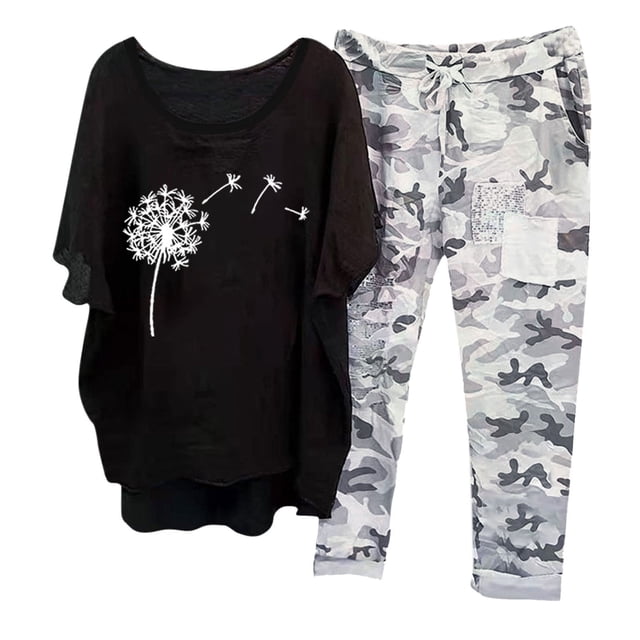 EYWGYA Ensemble de Détente pour Femmes, Survêtements pour Femmes 2 Pcs, Ensemble Décontracté Imprimé avec Haut à Manches 3/4 à Col Ras du Cou et Pantalon