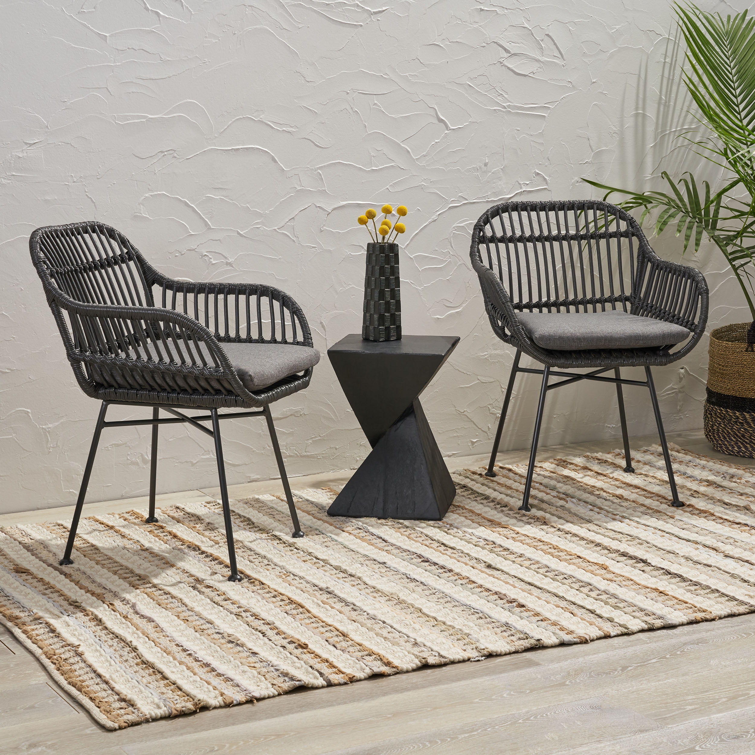Euroco Set of 2 Modern PE Rattan Accent Chairs with Water-Resistant Cushions and Black Steel Frame