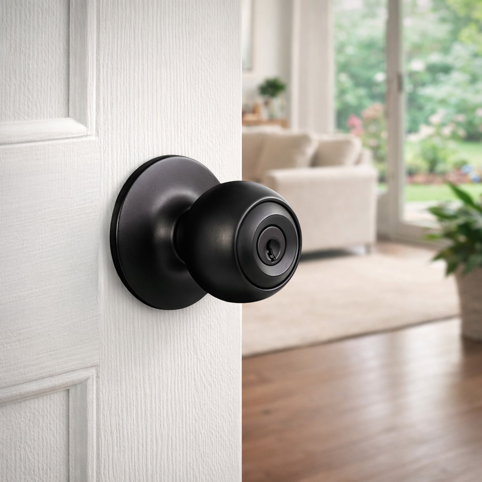 Matte Black Ball Keyed Entry Door Knob, Front and Back Door Lock with Anti-Bump 5-Pin Cylinder, Adjustable Backset