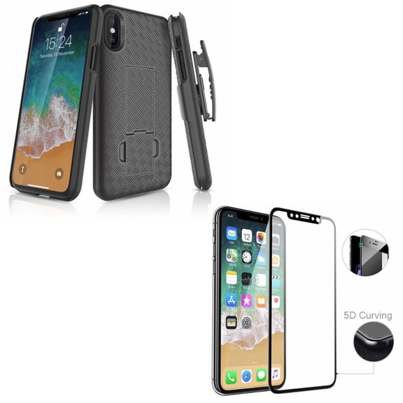 Screen Protector & Case Belt Clip for iPhone XS ONLY - Tempered Glass 5D Touch Curved Edge Full Cover   Holster Swivel Cover Kickstand Combo