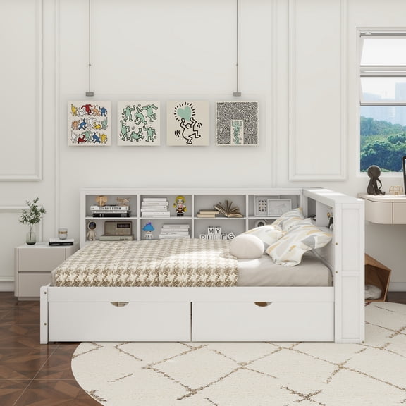 Wooden Full Size DayBed with 2 Drawers, DayBed with Storage Shelf and USB Charging Ports,White