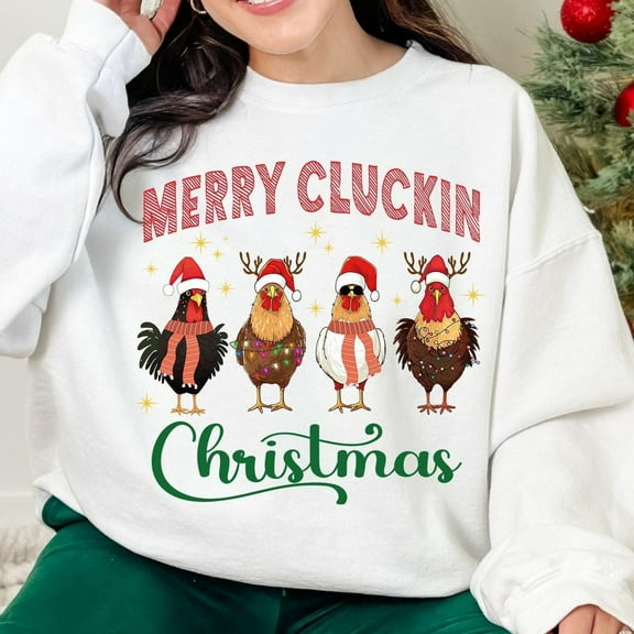 Merry Cluckin’ Christmas Sweatshirt – Funny Chicken Holiday Crewneck, Farm Animal Christmas Shirt