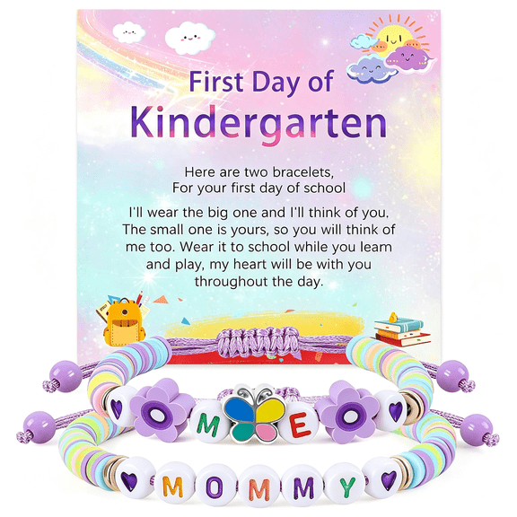 DESIGNICE First Day of Kindergarten Mommy and Me Bracelets Gifts with Butterfly Heart for Back to School Matching Bracelets Pre-K Bracelet Mom Daughter Jewelry First Day of School Gift with Card