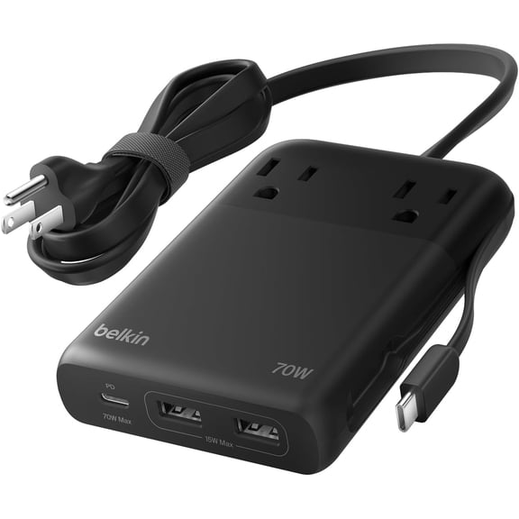 Belkin GaN Charging Station 70W, 6-in-1 USB C Charger w/ 2 AC Outlets, 2 USB A Ports, Integrated USB C Cable-Power Strip for iPhone, Apple Watch, iPad, MacBook, Chromebook, Laptop, Travel Essential