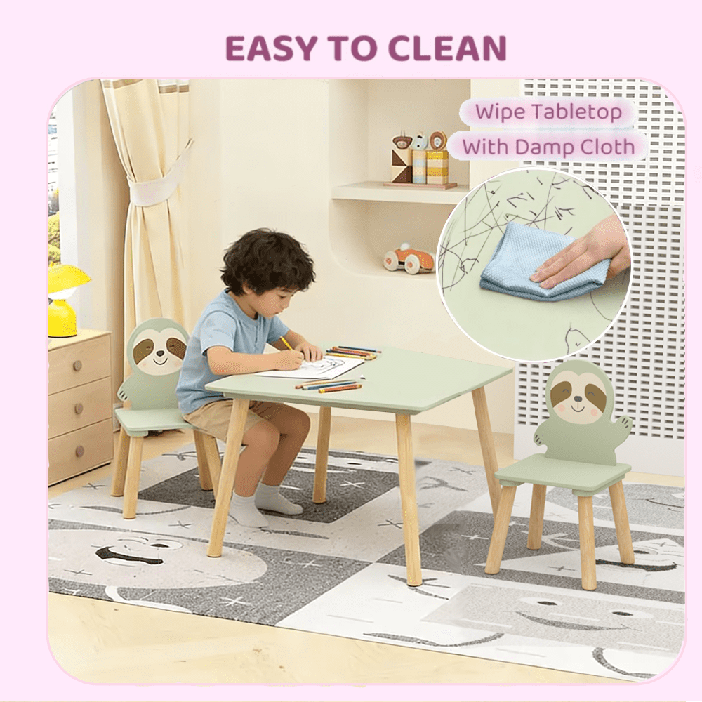 Kids Table and Chair Set with 2 Cute Sloth Chairs, Wooden Toddler Activity Table, Cute Animal Design Play & Study Set for Playroom, Bedroom, Classroom – Sage Green
