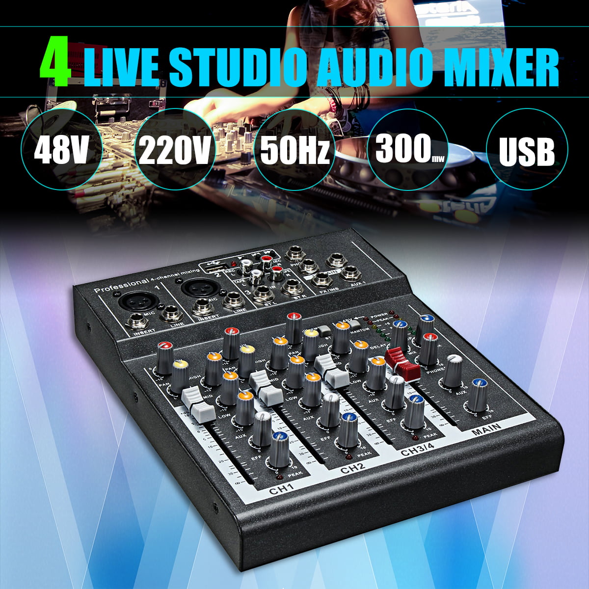Professional Audio Mixer,Portable DJ Sound Mixing Console System Interface 6 Channel USB/MP3 Bluetooth Computer Input 48V Phantom Power Stereo L/R Input for Recording,Streaming,Singing,Party KTV 