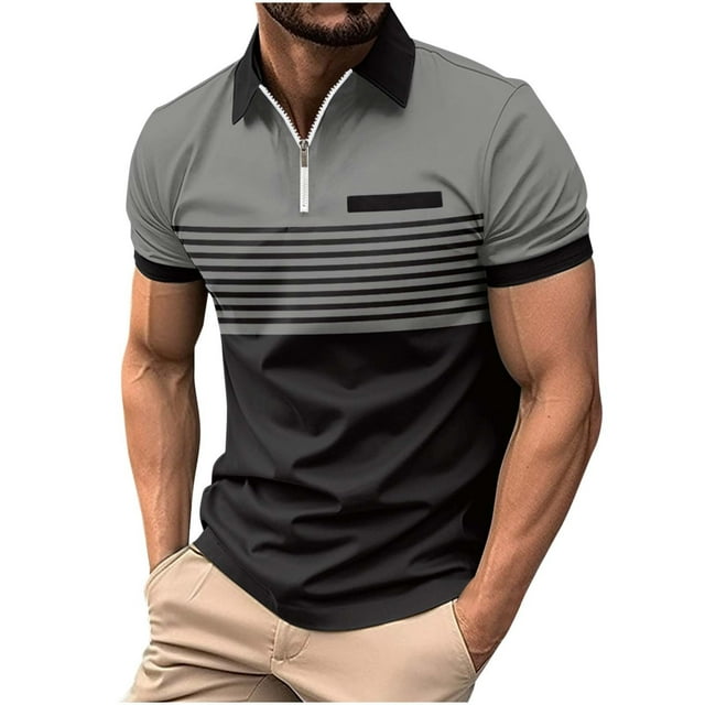 Blusa de Manga Corta de los Hombres de la Moda de la Raya de la Cremallera Del Cuello de Vuelta Superior, Poliéster Versátil Camisa de Ocio para la Primavera Del Verano Al Aire Libre Y Casual