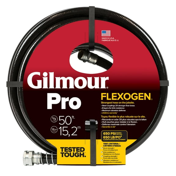 Gilmour Pro Flexogen 50ft Heavy Duty Garden Hose, 5/8" All-Weather Water Hose with Crush-Resistant Brass Fittings, 650 PSI Burst Strength