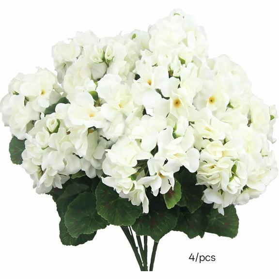 ZULAR 4 Pcs Artificial Geraniums Silk Flowers Outdoor Artificial Geranium Bush White Faux Flowers Geraniums for Floral Home Decor Outdoor Indoor Garden Patio Grave Cemetery Vase Table Centerpiece