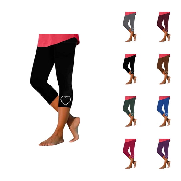 Capri Leggings for Women Summer Casual Elastic High Waisted Cute Rhinestones Love Heart Workout Yoga Cropped Capris Pants