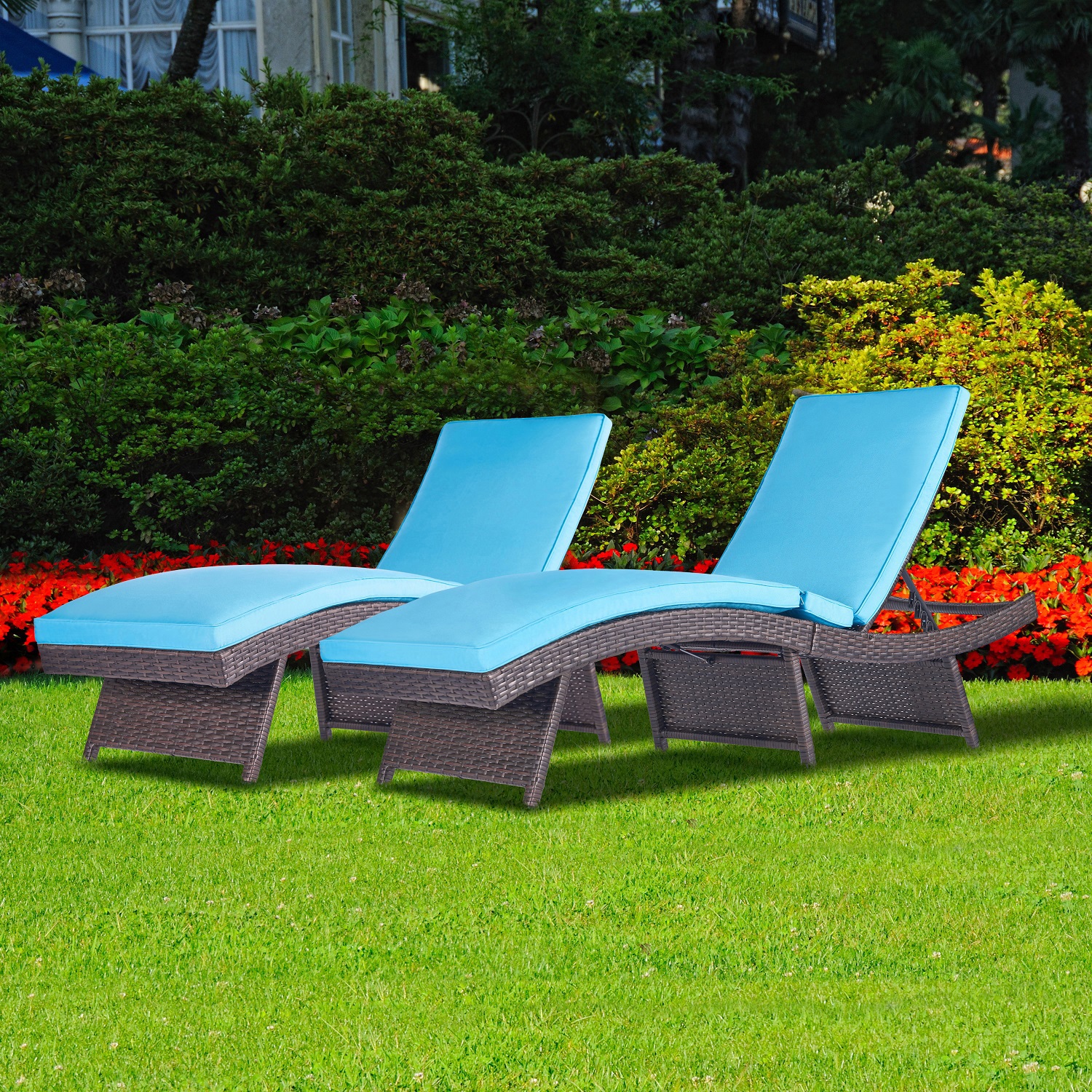 Chaise Lounge Chairs for Outside Foldable Outdoor Patio Wicker Lounge Chair Assembled Rattan Sunbathing Reclining Sunbed Layout Chair with Cushion Blue S Type Adjustable Backrest, No Assembly Required - image 3 of 7