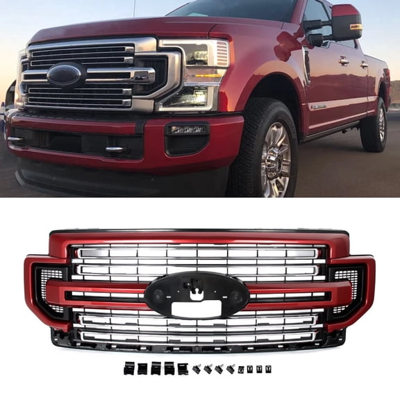 For 2020-2022 Ford F250 F-350 F-450 Super Duty XL/XLT/Limited Rapid Red & Chrome Front Bumper Grille Assembly, No Emblem